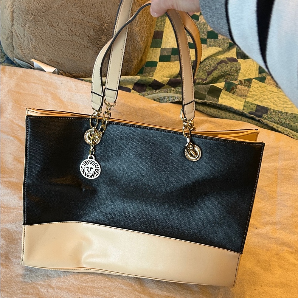 Anne Klein Black and Cream Tote with Gold Accents